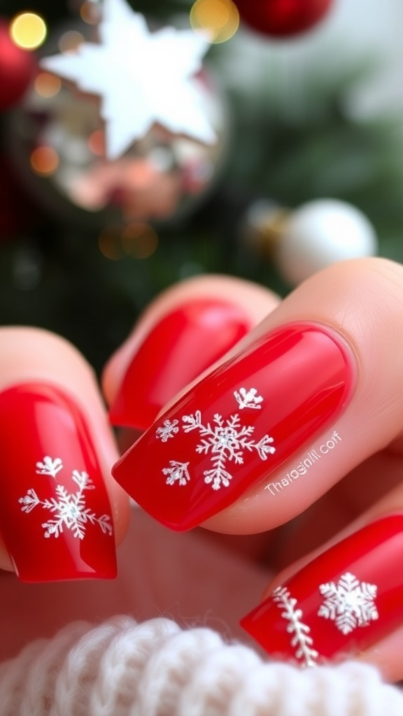 Red Christmas Nails with BIAB Technique Close-up of red Christmas nails with glossy finish and festive designs.